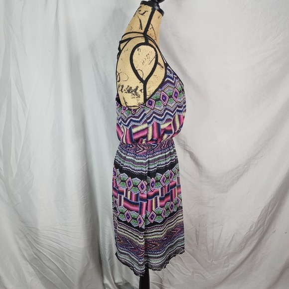 PAPERDOLL Size Large Open Back Tribal Print Chiffon V-Neck Mini‎ Blouson Dress - Picture 3 of 9